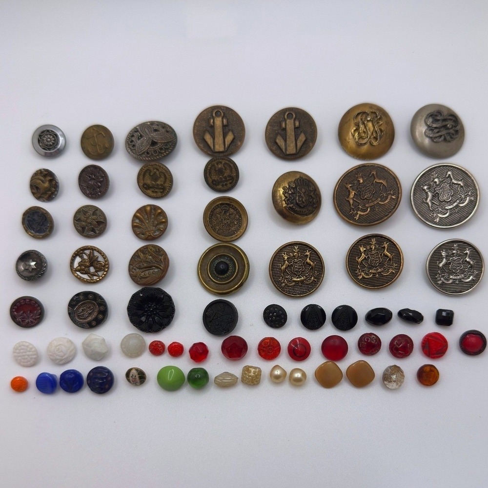 Vintage and Antique Button Lot Mixed Materials Brass Glass Military 60+ Pieces